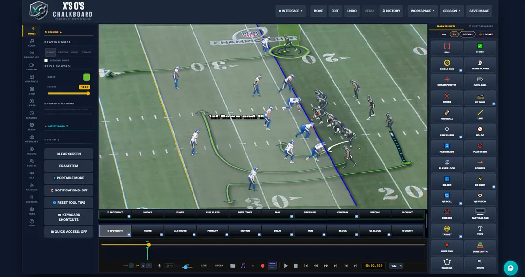 Pro Play Vision football telestrator showing 1st down FD Zone overlay with broadcast-accurate blue line of scrimmage and yellow first-down marker